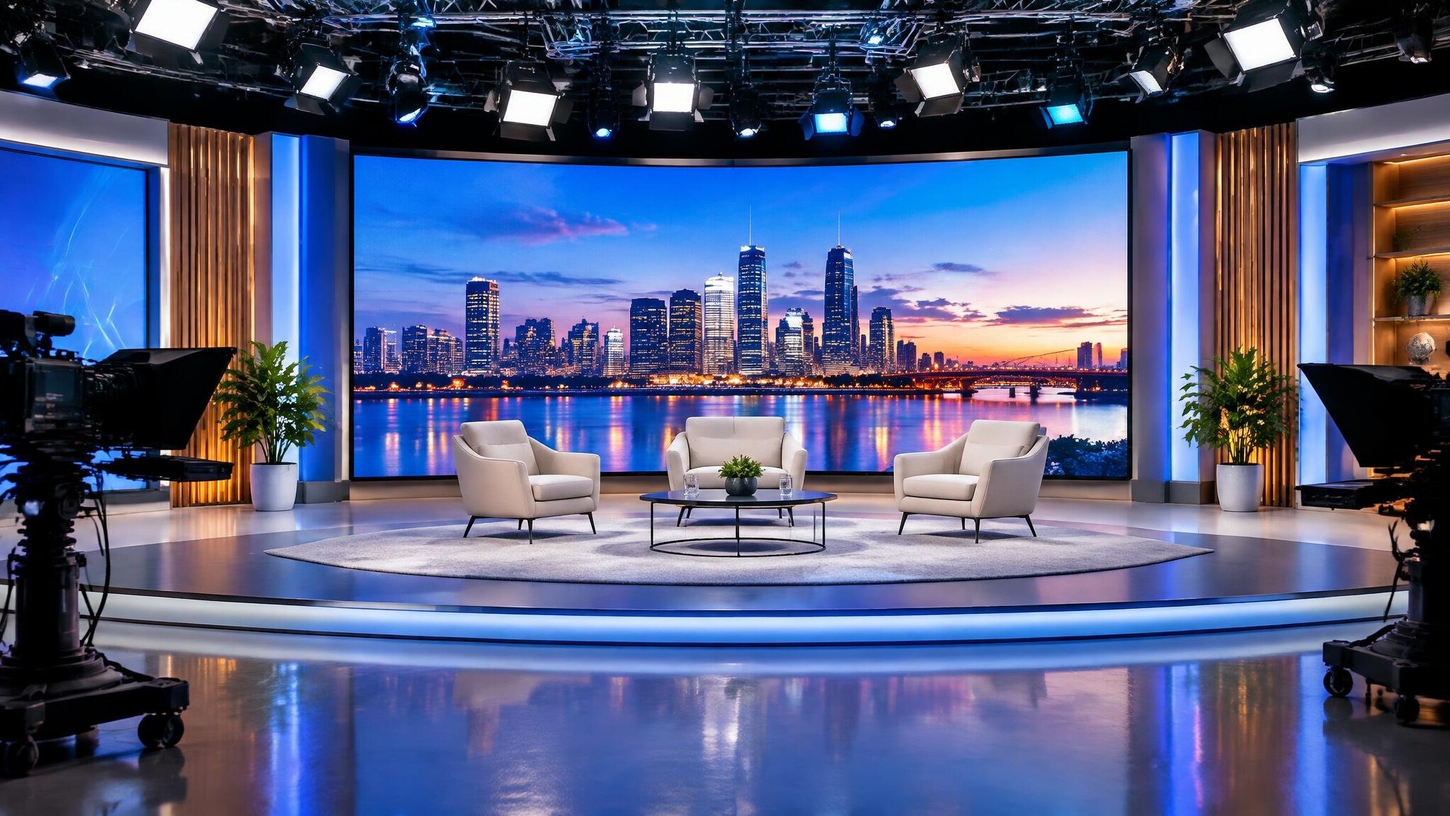 Illuminated live production stage with lighting rigs and a large screen