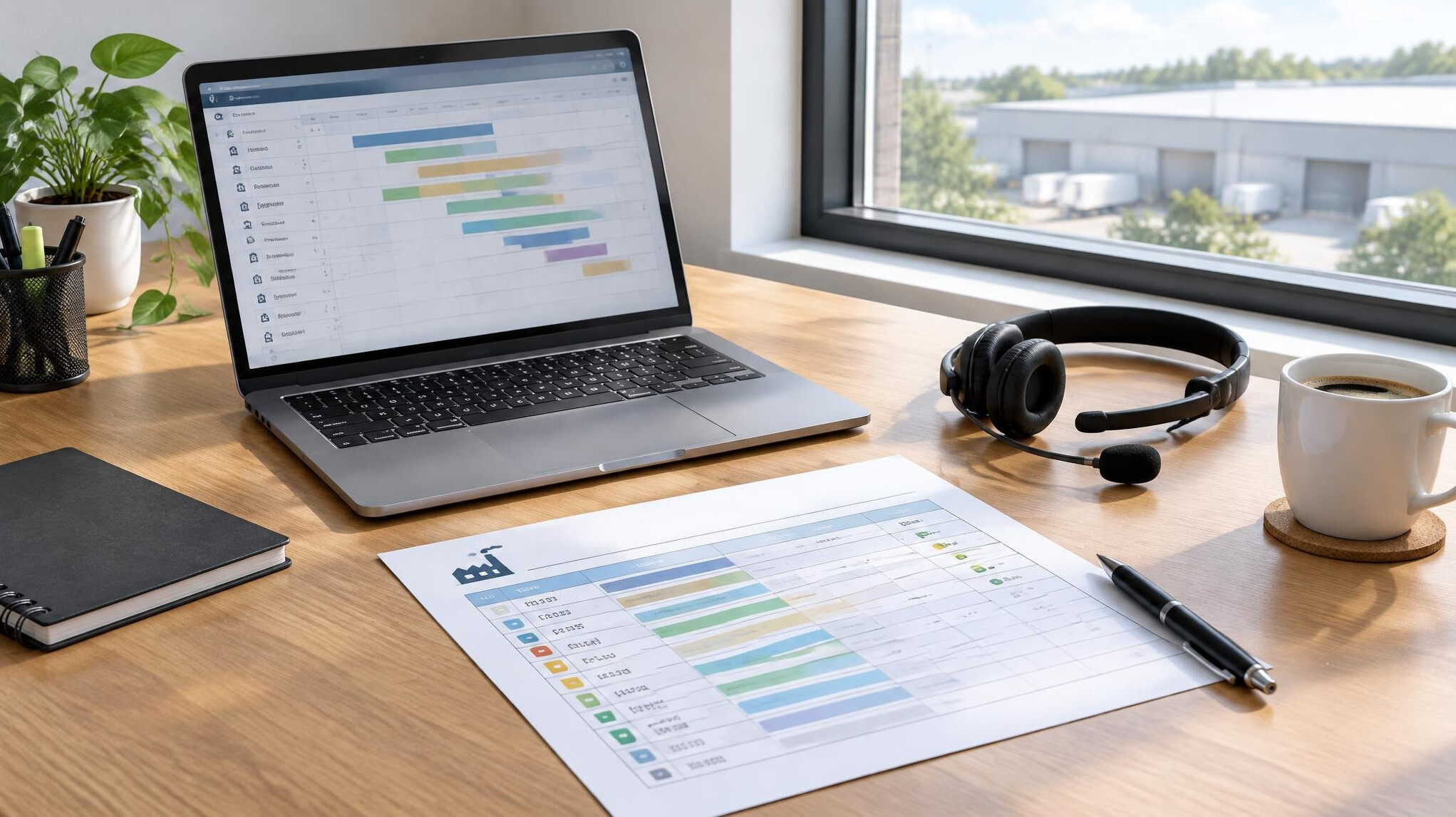 Laptop and notes on a desk for production planning